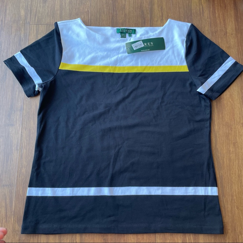 Lauren Ralph Lauren Women Large Color Block Stripe Shirt Blouse Top Black Yellow